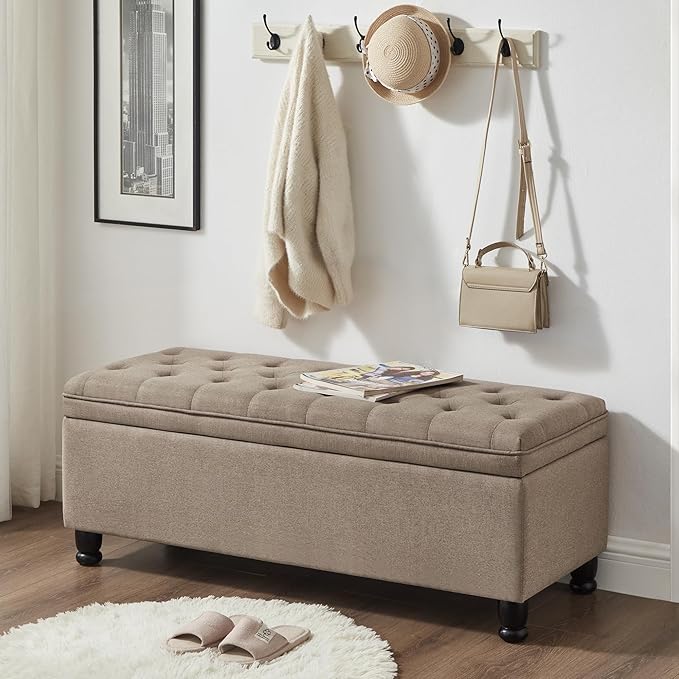 Upholstered Ottoman with Storage,Entryway Bench with Tufted Buttons and Spindle Wooden Legs for Living Room,Bedroom,Linen