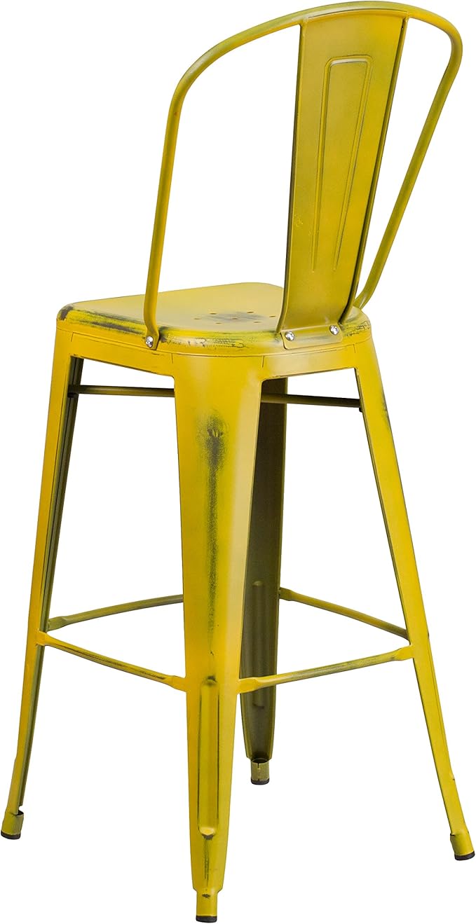 Flash Furniture Commercial Grade 30" High Distressed Yellow Metal Indoor-Outdoor Barstool with Back