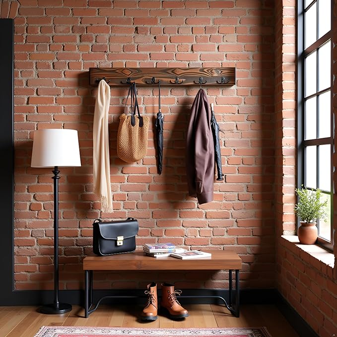 Alaterre Furniture Pomona Entryway Organizer – Modern Rustic 48-Inch Wall Mounted Coat Rack with 6 Hooks – Solid Wood and Space Saving for Jackets, Scarves & Bags in Mudroom or Hallway (Rustic Brown)