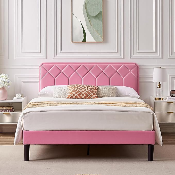 VECELO Queen Size Bed Frame Premium Velvet Upholstered Platform with Height Adjustable Headboard/Mattress Foundation, Solid Wooden Slat Support, No Box Spring Needed/Easy Assembly