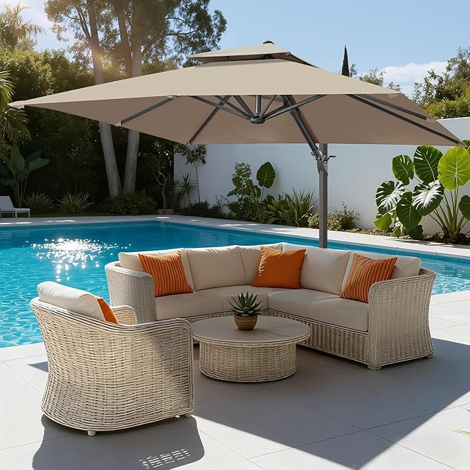 FLAME&SHADE 10x10 FT Cantilever Patio Umbrella - Aluminum Offset Umbrella with Tilt & 360-Degree Rotation, 3 Years Fade Resistance Fabric Large Patio Umbrella Outdoor for Deck Pool Garden - Taupe