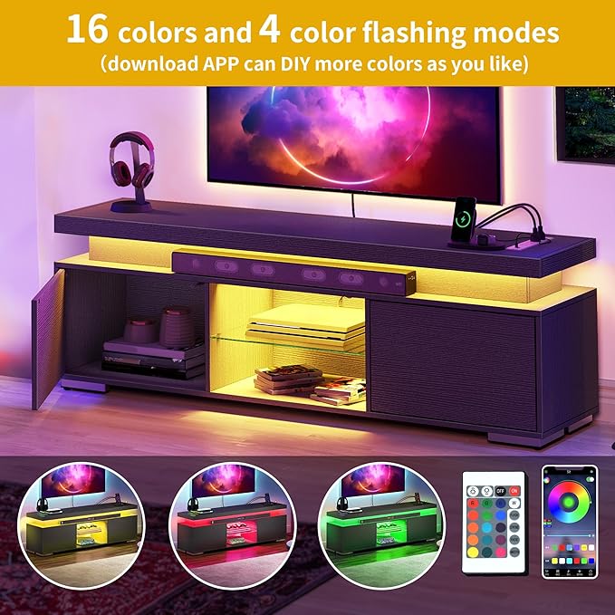 DWVO LED TV Stand for 65 inch TV w/Power Outlet, TV Stands for Living Room, Entertainment Center with Storage, Modern Television Stand, Gaming Media Stand, Black