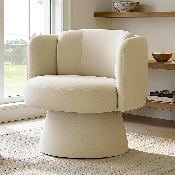 Swivel Barrel Chair,360° Accent Chairs with Round Backrest,Upholstered Lounge Chair for Vanity,Living Room,Bedroom,Reading Nook,Sand