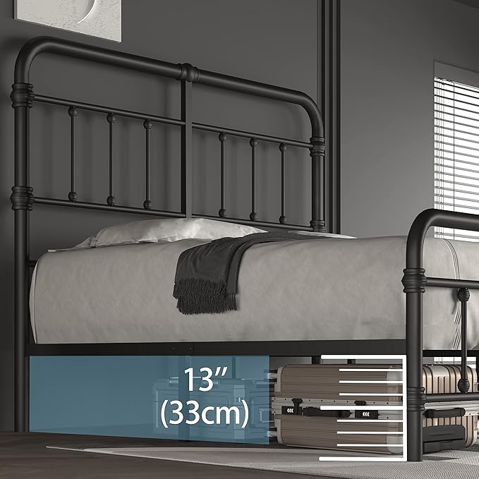 California-King-Bed-Frame-Metal-Platform Bed Frame with 49" High-Headboard - Solid Quite Easy Set Up Mattress Foundation No Box Spring Needed