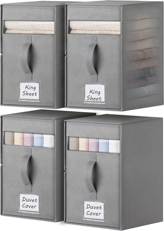 4 Pack Large Bed Sheet Organizers and Storage, (King & Queen Size) Sheet Organizer for Linen Closet, Foldable Bedding Storage Box with Window for Bedsheets, Blanket, Duvet Cover and Pillowcase