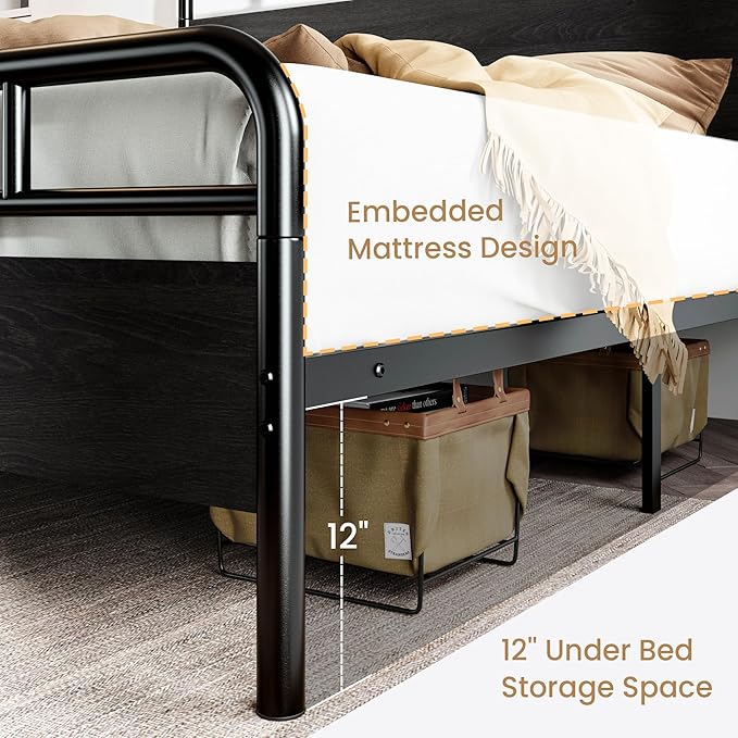 SHA CERLIN King Size Bed Frame with Vintage Industrial Wood Headboard, Heavy Duty Metal Platform with 12" Under-Bed Storage, Mattress Foundation, No Box Spring Needed, Noise-Free, Easy Assembly, Black