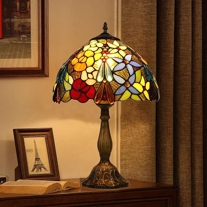 Tiffany Tall Table Lamps Bedside Nightstand Rose Flower Beads Stained Glass Table Lamp for Bedroom,Living Room,Dining Room Restaurant Hotel Desk Reading Light+LED Bulb,12X12X18 INCH