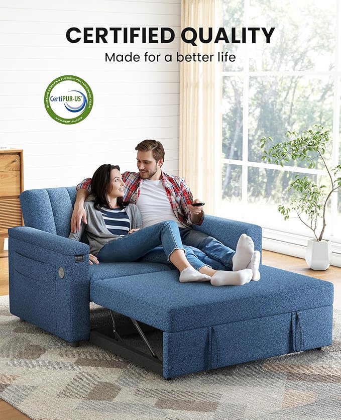 Marsail 3-in-1 Convertible Sofa Bed, 54" Sleeper Sofa with Solid Wood Side Table & Frame, Pull-Out Couch with USB Ports & Side Pockets, Loveseat Sofa with Adjustable Backrest, Blue