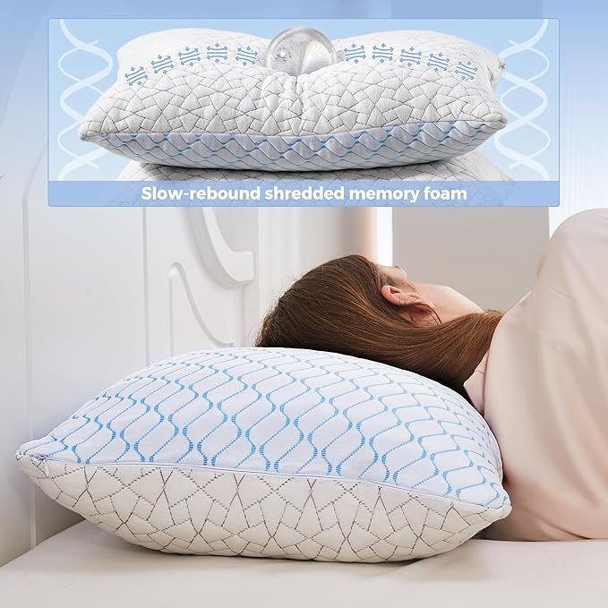 puredown® Pillows Queen Size Set of 2, Shredded Memory Foam Pillows, Cooling Foam Pillow for Sleeping, Soft Bed Pillow Queen Size with Adjustable Foam for Side, Back and Stomach Sleepers