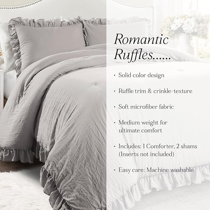 Lush Decor Reyna Ruffle Comforter Set, King, Light Grey, 3 Piece Cozy Bedding Set
