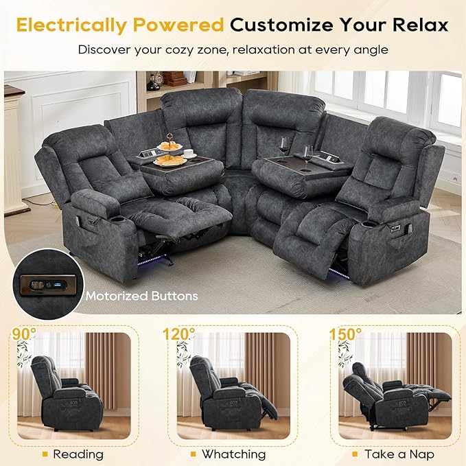 IPKIG Electric Reclining Sectional Sofa, 5-Seater L-Shaped Power Recliner Couch, Wall Hugger Reclinable Movie Seating with Flip-up Backrest, LED Lights, USB+AC Outlets (Dark Grey, 5 Seaters) | Vlvet Fabric, Zero Gravity, Dual Reclining, 2 Lumabr Pillow...