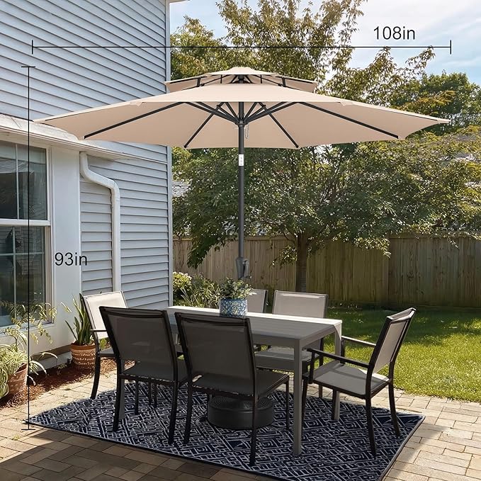 9FT Outdoor Patio Umbrella - 2 Tiers Table Umbrella Waterprool UV Protection, Sombrillas de Patio with Push Button Tilt, Sun Umbrella for Pool, Porch, Garden, Backyard (Beige)