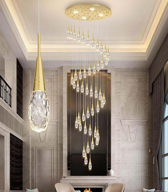 46-Lights 19 Feet Large Modern Chandelier LED Light Fixtures High Ceiling Long Light Chandelier for Entrance Foyer Dimmable Lights with Remote Living Room Ceiling Pendant Lighting Shine Gold