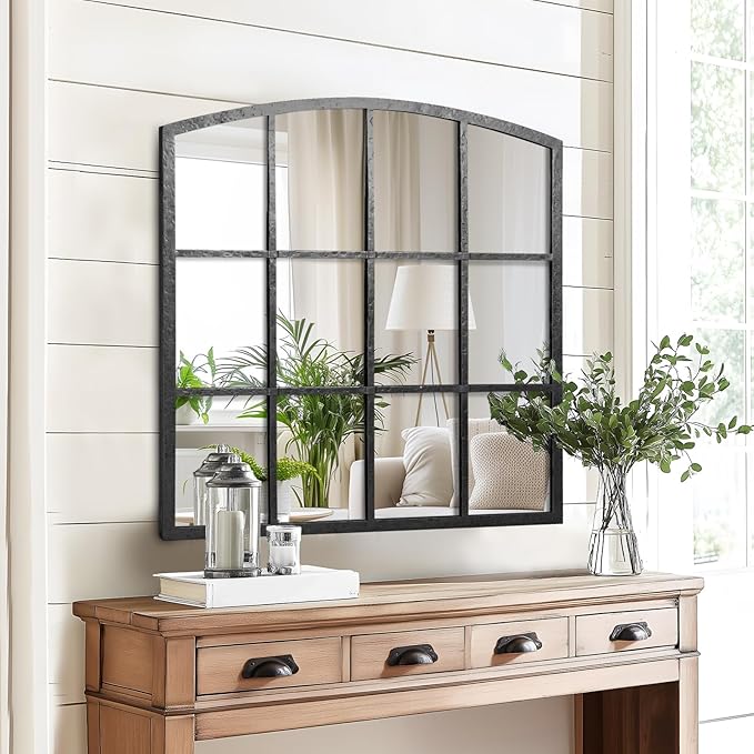 Hand-Forged Black Window Pane Mirror, 36 Inch Wide Window Mirror, Metal Frame Arched Decorative Mirrors, Antique Grid Wall Mirrors for Living Room, Bedroom, Entryway