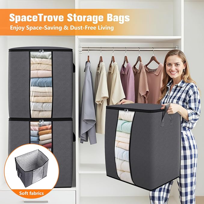 Clothes Storage Bags, 10-Pack Comforter Blanket Organizers, 80L Large Capacity Containers with Visual Window for Clothing, Quilt, Sheet, Pillow, Closet Organization for Bedding (Grey)