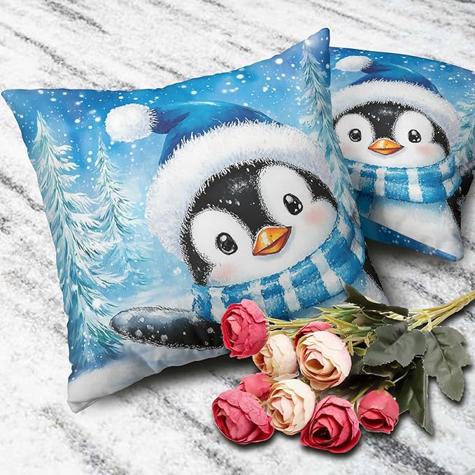 Penguin Pillow Case 16x16 Blue Winter Outdoor Throw Pillow Covers Set of 2 Christmas Snowman Pine Tree Snow Pillow Cases Xmas Winter Holiday Decorative Pillowcase for Bed Couch Sofa Living Room