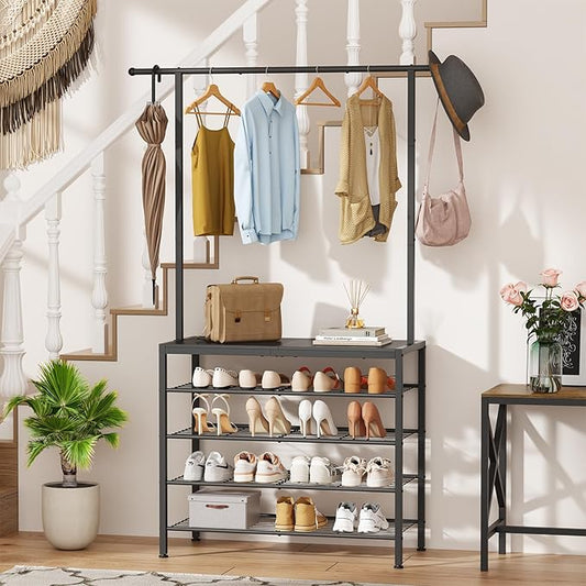 Hall Tree, Entryway Shoe Rack with Coat Rack, 5 Tier Adjustable Shoe Storage with 45.7" Long Coat Rack for Front Door, Garage, Closet, Freestanding, Industrial, Ink Black