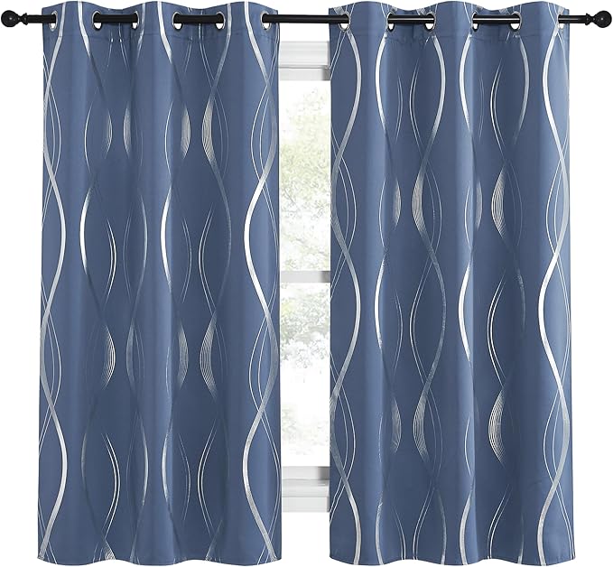 NICETOWN Kitchen Blackout Curtain Panels, Stone Blue, Set of 2, 34 by 45 Inch, Window Treatment Thermal Insulated Solid Grommet Blackout Wave Line Foil Print Design Curtains for Kitchen, Cafe, Loft