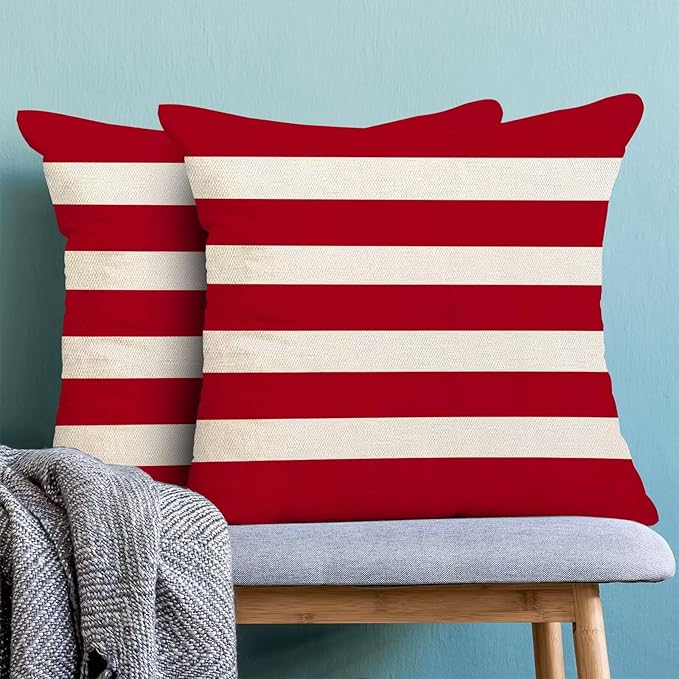 BETGINY 4th of July Pillow Covers 18x18 Set of 2, Memorial Day Red Strips Decorations Throw Pillow Covers Linen Patriotic Independence Day Cushion Case for Couch Sofa Summer Home Outdoor Decor