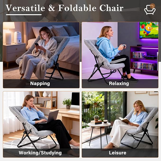 Comfy Dorm Chair - Oversized Folding Saucer Chair with Soft Faux Fur, Metal Frame, for Bedroom, Living Room, Balcony, Patio, Study, Playroom (Grey)