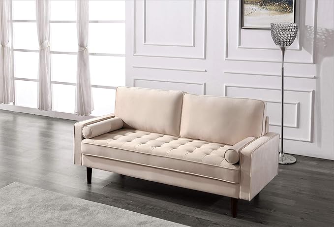 Container Furniture Direct Womble Modern Velvet Upholstered Living Room Diamond Tufted Chesterfield with Gleaming Nailheads, Loveseat, Sofa, Biscuit