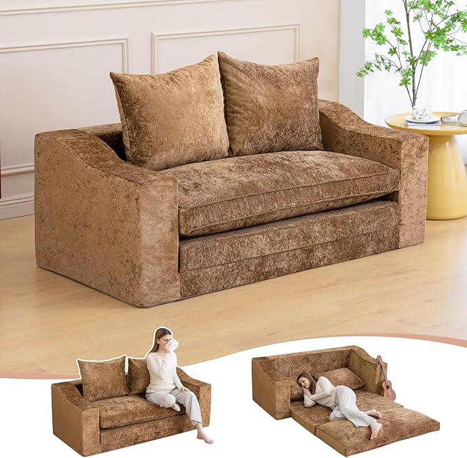 61" Convertible Sofa Bed Loveseat, Memory Foam Boneless Floor Couch with Removable Plush Velvet Cover, Tri-folding Compact Full-size Sleeper for Small Living Room, Playroom, Guest Room, RV (Brown) | Convertible Sofa Bed, Premium Memory Foam, Ergonomic ...