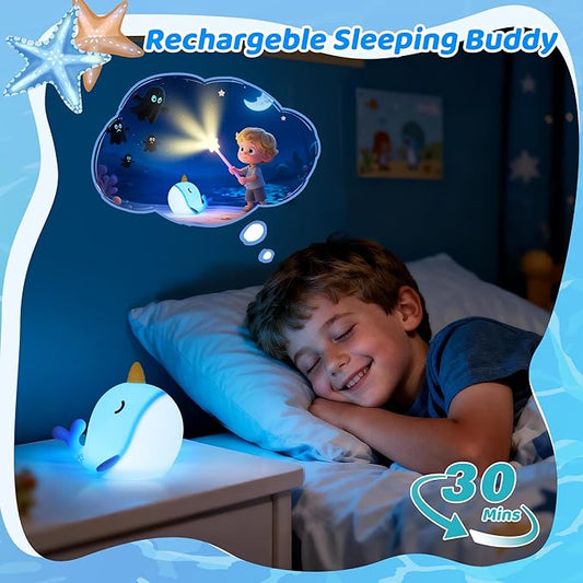 Blue Narwhal Night Light, Cute Squishy Silicone Lamp, Dimmable Touch Control Narwhal Gifts for Boys Girls, Ocean Animal Nursery Lamp for Birthday Christmas Decor