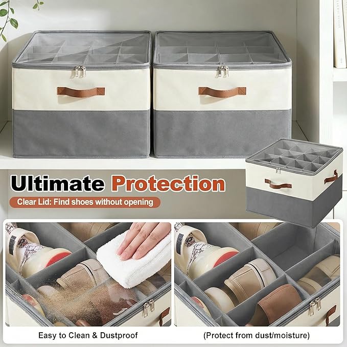 Shoe Organizer for Closet, Foldable Shoe Rack with Clear Cover, Adjustable Dividers for 16 Pairs, Storage Cubby for Wardrobe, Beige & Grey