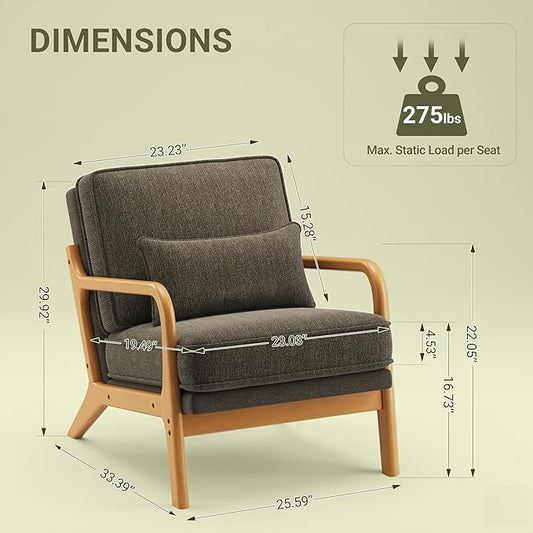 Accent Chair with Solid Wood Frame, Mid-Century Relaxing Armchair Lumbar Pillow& Soft Cushion, Reading Leisure Chair for Living Room, Bedroom, Waiting Room-Green