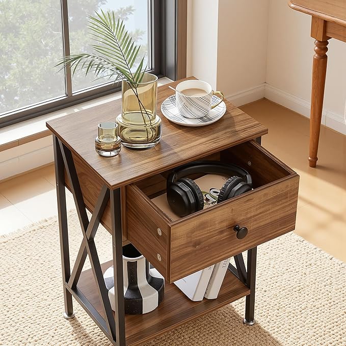 VECELO Night Stand with Drawer, 2 Tiers Storage Shelves End Table, Small Side Table for Small Spaces,Night Stand for Living Room, Bedroom,Brown