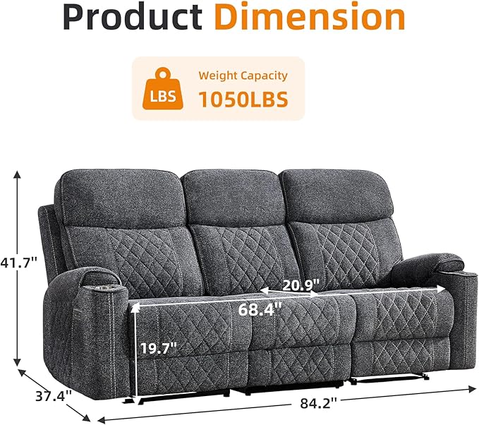 EBELLO Power Reclining Sofa Couch, Fabric Electric Recliner 3 Seater Sofa with Cup Holders, USB and Type-C Charging Ports and Storage Space, 3 Seats for Small Living Room, Bedroom, Meeting Room, Grey