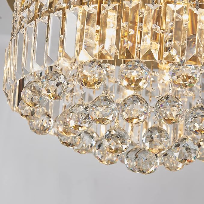 Saint Mossi Modern K9 Crystal Raindrop Chandelier Lighting, Flush Mount Ceiling Light, Perfect for Dining Room Bathroom Bedroom Livingroom, 9 x E12 Bulbs, H11 x D20, Clear Crystal & Brass Canopy
