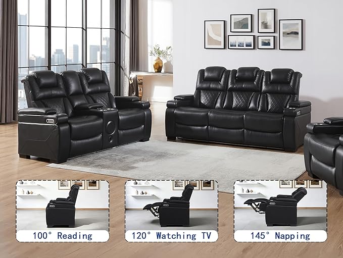THSUPER Power Breathable Leather Reclining Sofa and Loveseat Set with 7-Color LED Light, Living Room Recliner Couch Set with Adjustable Headrest/Reading Light/USB Port/Bluetooth Speaker, Black
