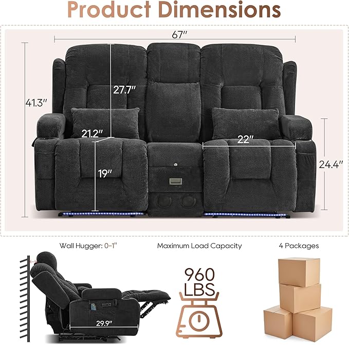 TUNYI Wall Hugger Loveseat Recliner Sofa with Console, Power Reclining Loveseat RV Couch with Massage & Heat/USB/Outlet/Storage/LED Light/Speaker (Dark Grey)