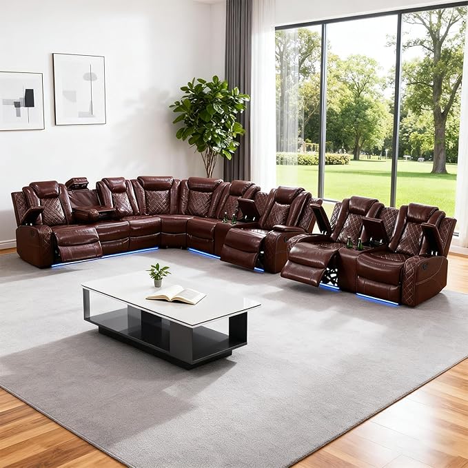 Leather Power Recliner Sectional Sofa Set with LED Light,L Shape Leather Couch Set with Recline Loveseat,Modular Corner Sofa with USB Port for Living Room Furniture(Red, Sectional+Loveseat)