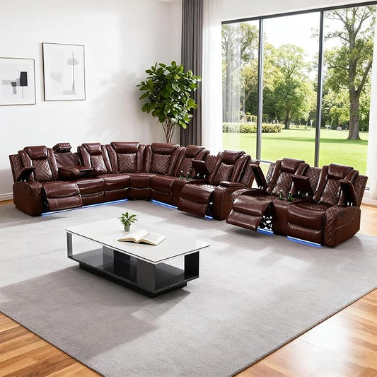 Leather Power Recliner Sectional Sofa Set with LED Light,L Shape Leather Couch Set with Recline Loveseat,Modular Corner Sofa with USB Port for Living Room Furniture(Red, Sectional+Loveseat)