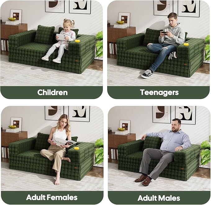 COMAX Futon Sofa Bed, 4‑in‑1 Convertible Sofa Bed, Folding Boneless Couches for Living Room, Fold Out Small Foldable Loveseat Floor Sleeper Comfy Mattress Lounge Space‑Saving, Classic Green