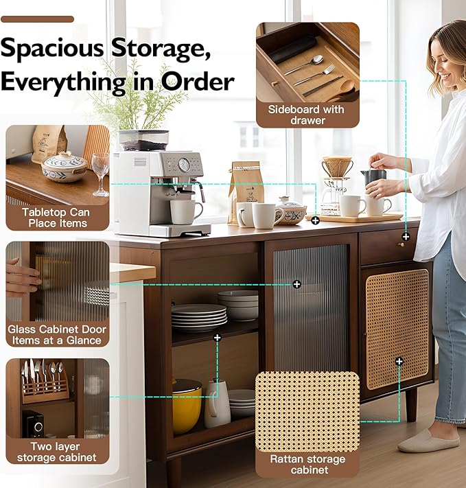 Tiita Bamboo Sideboard Buffet Cabinet, Rattan Kitchen Storage Cabinet with Drawer, Boho Coffee Bar Tables for Kitchen Hallway Office, Walnut