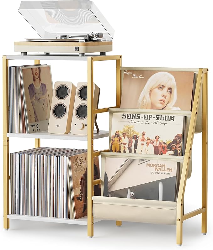 Record Player Stand, Turntable Stand with 3-Tier Vinyl Record Storage, Record Player Table 200 Albums, End Table with Vinyl Display Holder Shelf, Record Player Cabinet Media Console for Stereo,Gold