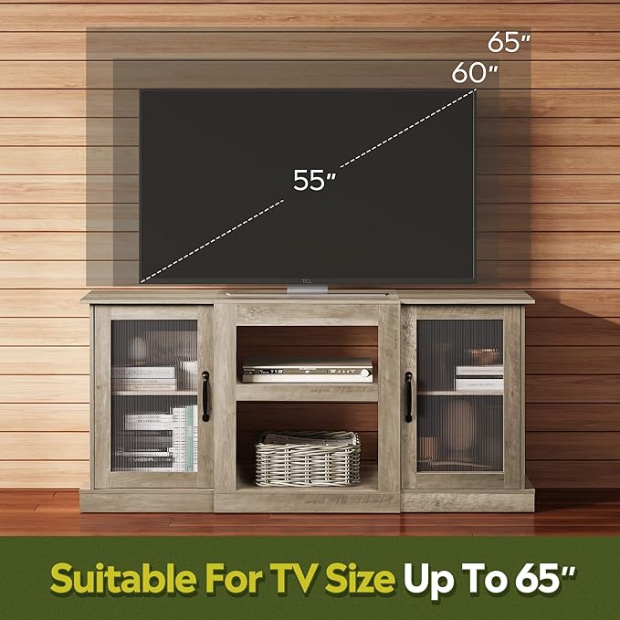 WLIVE Farmhouse TV Stand for 65 inch TV, 58" Entertainment Center with Storage Cabinets, Open Shelves TV Console for Living Room and Bedroom, Greige