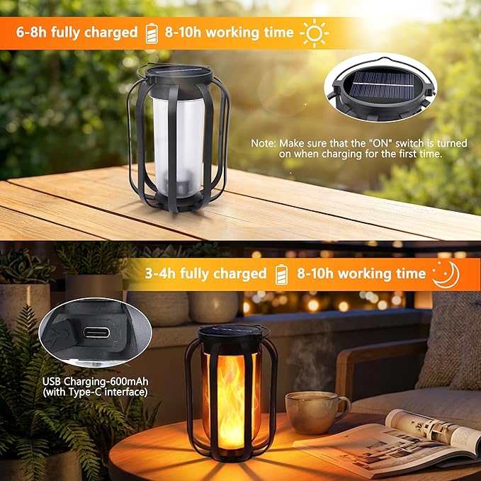 Toodour Solar & Battery Powered Lantern Outdoor Lights, 2 Pack Black LED Lantern with 4 Modes, Waterproof Rechargeable Hanging Solar Lights for Camping Patio Garden Yard Outdoor Decor