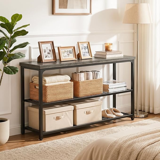 47" Console Table with Storage, 3-Tier Narrow Entryway Table, Sofa Table with Mesh Shelves, Console Tables for Living Room, Bedroom, Hallway, Entryway, Foyer, Oak Grey