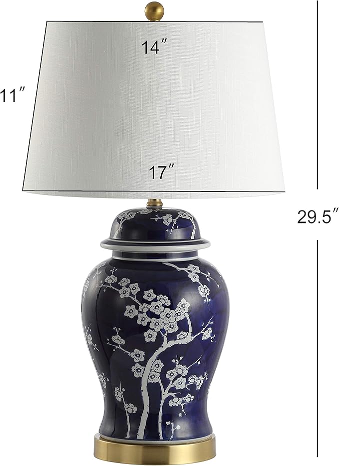 JONATHAN Y 29.5" White/Navy Blue Traditional Ceramic Ginger Jar Table Lamp for Living Room, Chinoiserie Asian Bedside Lamp with White Linen Shade and LED Bulb Included JYL3047A
