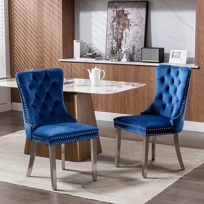 Solid Wood Dining Chair with Nailhead Trim,Velvet Upholstered W/Chrome Stainless Steel Plating Legs,Set of 2,for Living Room,Apartemnt,Blue and Chrome