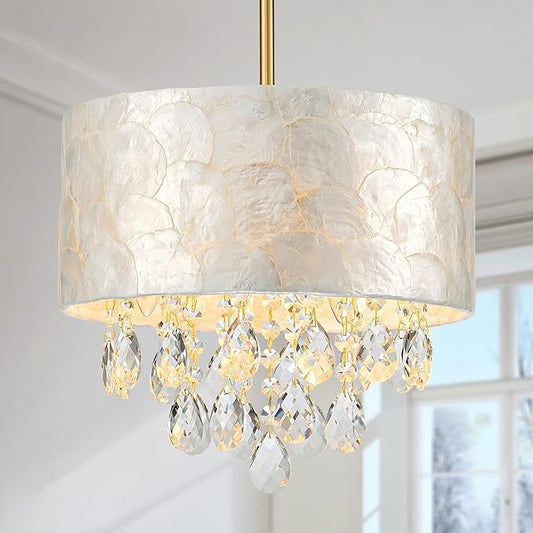 Small 3-Light Drum Capiz Shell Crystal Chandelier, Coastal Style Pendant Light Fixture for Dining Room, Living Room, D12 x H19~49"(Adjustable), Shell Lampshade & Gold Finish