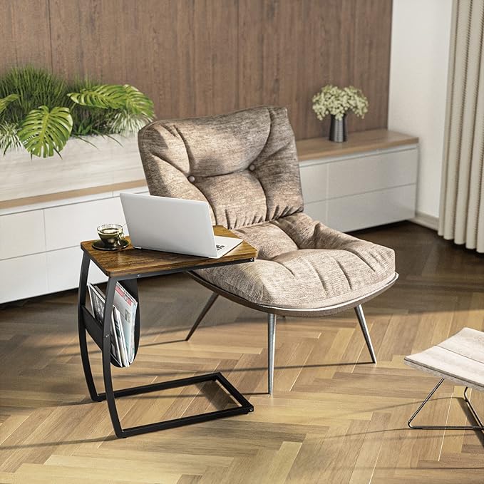 SRIWATANA Side Table End Table, Vintage C Shaped Couch Table with Side Pocket for Sofa Laptop Coffee Snack, Walnut