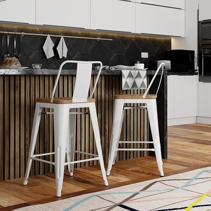 SIMPLIHOME Rayne Industrial Metal 30 inch Metal / Wood Bar Stool (Set of 2) in White for the Dining Room and Kitchen