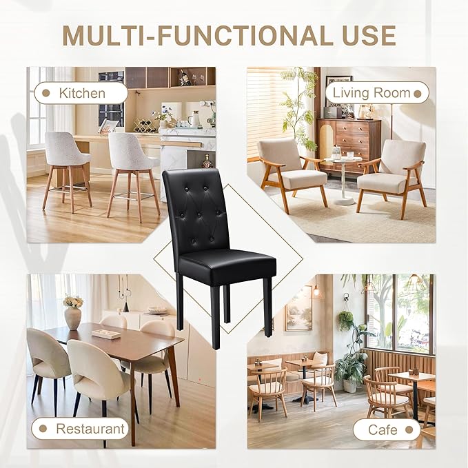 Furmax Upholstered Dining Chairs Set of 4, PU Leather Dinning Room Chairs, Button Tufted Kitchen Chairs with Adjustable Wood Legs for Dining Room/Living Room/Restaurant (Leather Black, 4)