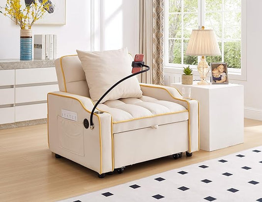 Convertible Sofa Bed, 3 in 1 Futon Sofa Bed with USB Charging Ports, Cup Holder, Phone Stand & Pocket, Modern Upholstered Sleeper Sofa for Living Room, Apartment or Small Space (Beige)