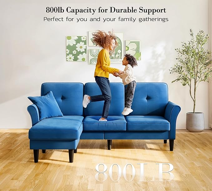 Kidirect 83" Sectional Couch, Velvet L-Shaped Couch 3 Seater Sectional Couches for Living Room, Comfy Fluffy Deep Seat Loveseat, Modular Sectional Sofa with Ottoman for Apartment Office, Blue Couch